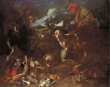 A wooded landscape with a falconer and two dogs with dead game, a huntsman beyond