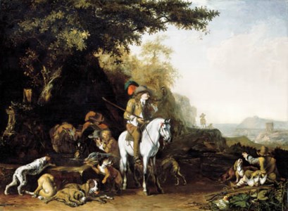 An extensive landscape with a hunting party resting by a water trough and a sportsman shooting
