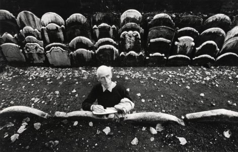 John Piper in the churchyard of St Anne's, Limehouse, early 1960s
