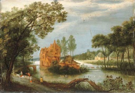 A river landscape with sportsmen shooting from a boat by a farm and peasants on a path