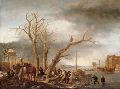 A frozen river landscape with woodsmen felling a tree, a water mill beyond