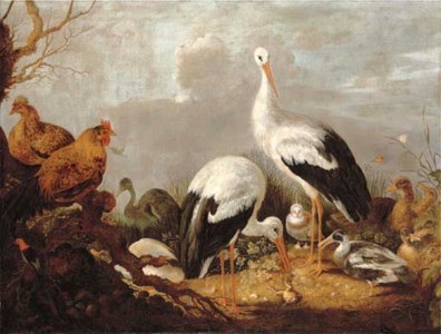 Storks, mallards, chickens, a heron, a frog and other birds in a river landscape