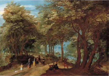 A wooded landscape with an amorous couple seated by a tree and elegant company strolling on a path near a river