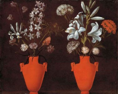 Two red vases with lilies, carnations, an iris, verbena and other flowers
