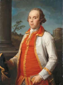 Portrait of Robert Udny (1722-1802), half-length, in a gold-trimmed coat, holding a hat and gloves in his right hand, the Temple of the Sybil at Tivoli beyond