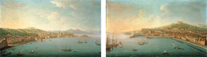 The Bay of Naples, from the Posillipo, with the Riviera di Chiaia, the Pizzofalcone barracks, the Castel Sant'Elmo, the Certosa di San Martino, and the Castel dell'Ovo, with Vesuvius beyond; and The Bay of Naples from San Giovanni a Teduccio looking towards the Vomero with the Castel dell'Ovo, the Lanterna del Molo, the Castel Nuovo, called Maschio Angioino, and with the Castel Sant'Elmo and the Certosa di San Martino beyond