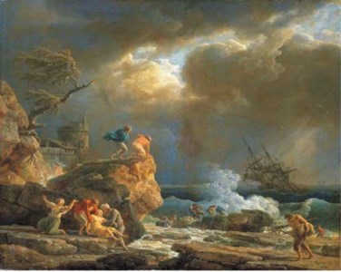 A Mediterranean rocky coastal landscape with survivors from a shipwreck, by a fortified tower