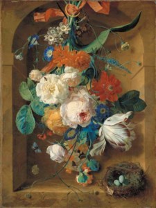 A festoon of flowers hanging from a red ribbon in a stone niche with a bird's nest