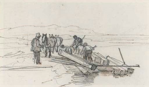 Study of a timber wagon; Loading the barge; and Unloading timber (illustrated)