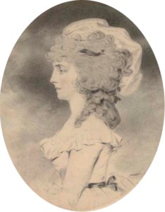 Portrait of a lady, half-length, facing left, with her hair upswept