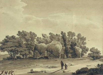 Wooded landscape with figures at sunset