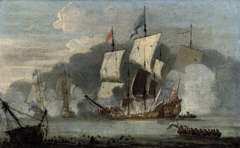 The battle of Solebay, 28 t h May 1672 (illustrated); and Unloading barges at low tide at dusk