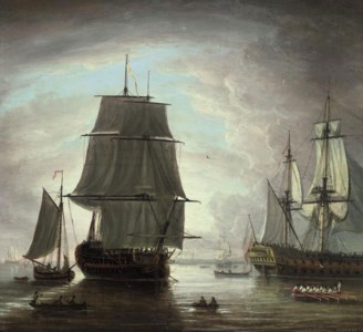 Men-o'war at anchor off Portsmouth at dusk