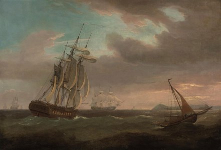 The British fleet in the Channel off the entrance to the harbour at Plymouth with Rame Head seen in the distance