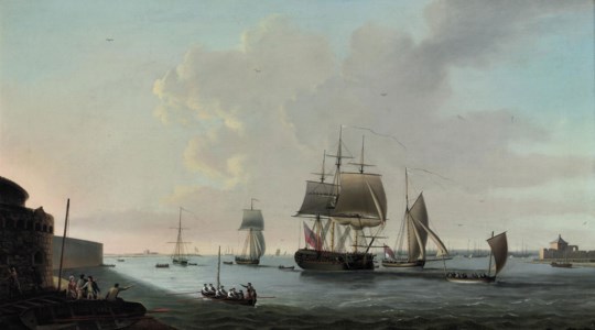 An English frigate running into Portsmouth harbour, with Fort Blockhouse off her port quarter