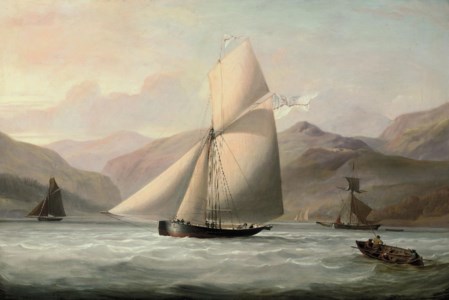 Sir John Bayley's cutter yacht Nymph flying the ensign of the Royal Yacht Squadron in Scottish waters