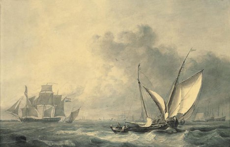 Fishermen hauling in their nets off the Dutch coast, with a merchantman and other shipping beyond