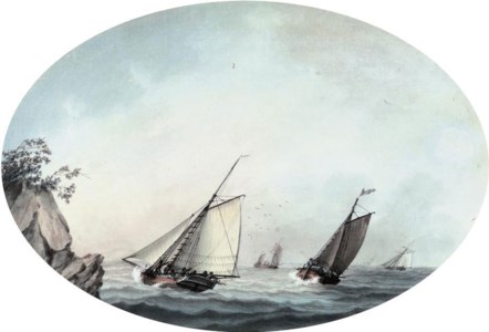 A crowded cutter and other shipping off a rocky headland