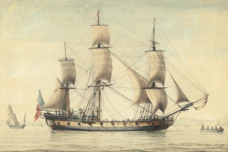 The French frigate L'Heureuse Harmonie with a tender laying out her anchor off Marseilles