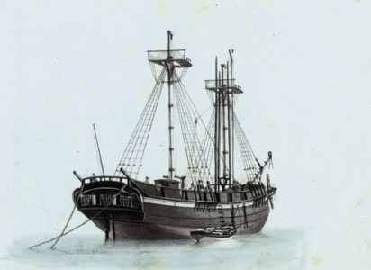 A brig lying at anchor with her topmast down, probably laid up and out of commission