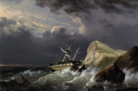 A dismasted merchantman driving onto the shore