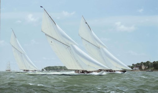 Britannia and Lulworth powering to windward off the Royal Yacht Squadron, Cowes, with White Heather (II) trailing behind