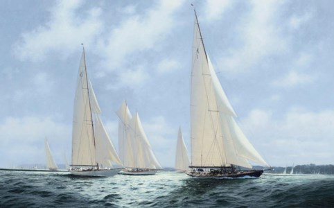 Britannia, Shamrock (V), Westward and Velsheda racing in light airs in the Solent with Britannia catching the breeze