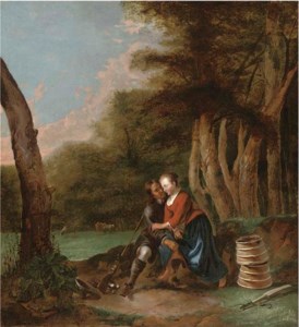 A huntsman courting a milkmaid under a tree in a meadow