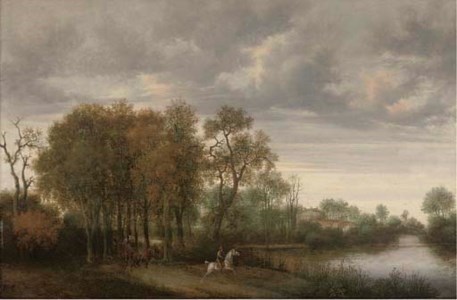 A wooded river landscape with a horseman and a horse and cart on a path