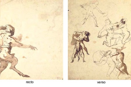 A satyr pointing to the right ( recto ); A soldier with a dagger, two soldiers grappling, a soldier attacking a trumpeter, and two men fighting (Hercules and Antaeus?) ( verso )
