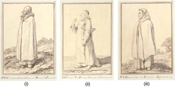 Three caricatures of Italian clergymen: Father Casimiro of the Camaldolite Monastery at Frascati; The Definatore Bonaventura da Ferentino; and Don Godard, Vice-Procurator-General of the Cistercian Order