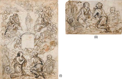 Design for a frontispiece: The Immaculate Conception, flanked by the Assembly of Saints above an empty cartouche, Adam and Eve kneeling below; and A subsidiary study of Adam and Eve
