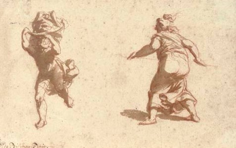 A running figure with flying draperies, and a female figure seen from behind