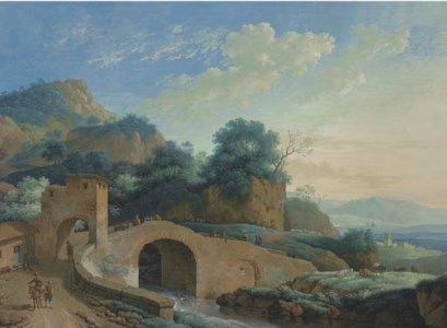 A mountain landscape with a bridge over a river in the foreground
