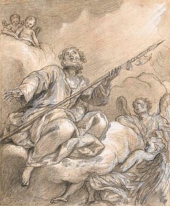 Saint Thomas looking upwards, seated on a cloud held by two angels, two putti reading a book above