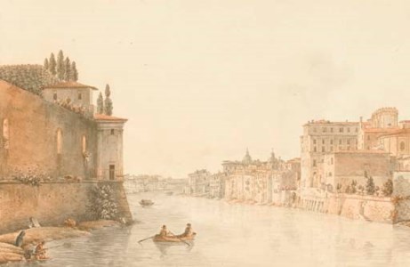 View of the Tiber looking towards the churches of San Spirito dei Napoletani and San Giovanni dei Fiorentini, with the Gardens of the Villa Farnesina on the left, and the Palazzo Falconieri and the church of Santa Maria dell'Orazione e della Morte on the right