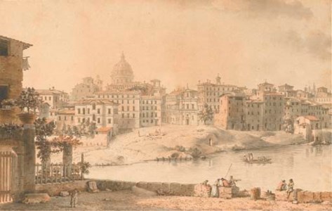 View of the Regola from Trastevere, with the Collegio Ecclesiastico partially visible on the far left, the dome of San Carlo ai Catinari to the centre, the church of Santi Vincenzo e Anastasio and the Contrada de' Vaccinari to the right