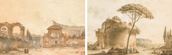 View of the Baths of Titus on the Colle Oppio, Rome, with the Colosseum in the background; and View of the entrance to the Villa Cornovaglia (?), Rome, with the Arch of Constantine and the Colosseum in the background