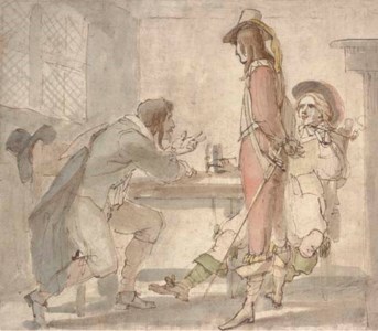 Three men in 17th Century costume in a tavern ( recto ); Studies of figures ( verso )