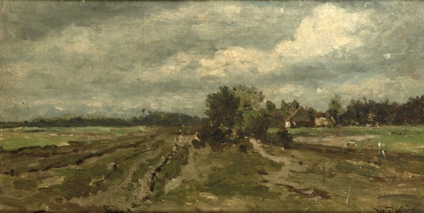 A polder landscape with a farmhouse beyond