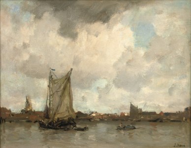 Havengezicht: a river landscape, a town beyond
