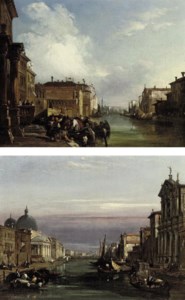 The Grand Canal, Venice, looking south-west from the Chiesa degli Scalzi to the Fondamenta della Croce, with S. Simeone Piccolo; and The Grand Canal, Venice, looking north-east to the Rialto Bridge