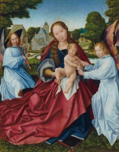 The Virgin and Child with angels in a landscape, a village beyond