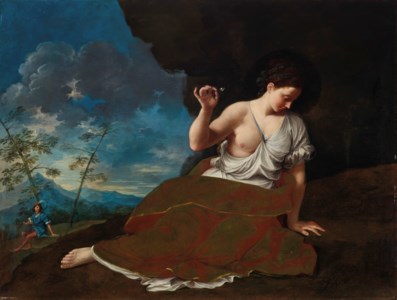 A young woman holding a flower reclining in a landscape, a young man in the distance beyond