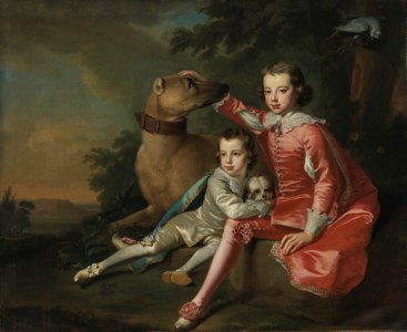 Portrait of John and Robert, sons of Robert Ker, 2nd Duke of Roxburghe, in van Dyck costume with their two dogs, an extensive landscape beyond