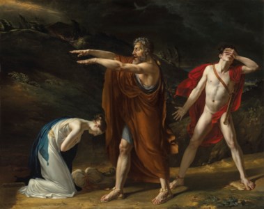 Antigone imploring Oedipus to lift his curse from Polynices