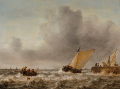 A damlooper and rowboat in a choppy sea by a jetty