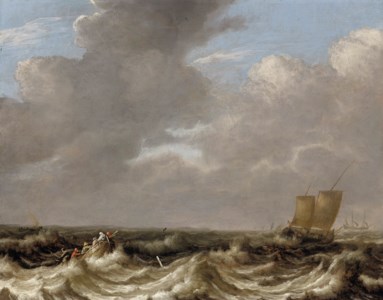 A fishing skiff and sailboats in a rough sea