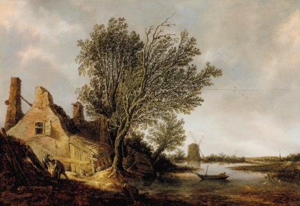 A river landscape with a farmhouse