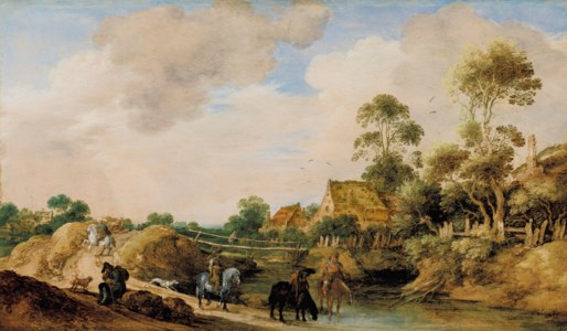 A river landscape with horsemen at a ford, a footbridge and cottages beyond